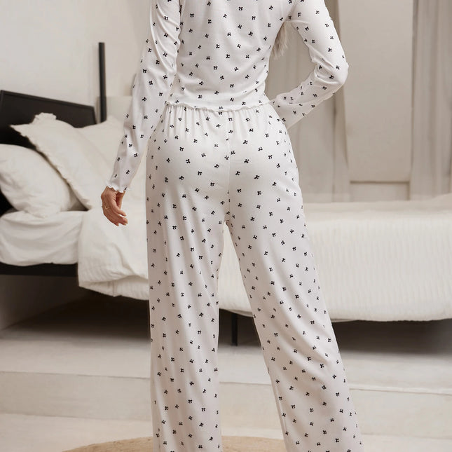 Sleepwear Suit Cute Bowknot Print  Lettuce Trim Top with Long Pant Lovely Loungewear Full Sleeve Nightwear Autumn Pajamas Set