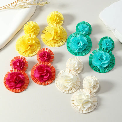 2PCS Lafite Flower Earrings Earrings, Small and Exaggerated Vacation Style Earrings, Bohemian Round Flowers, Fashionable and Ele