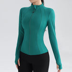 Gym Women's Full Zip Yoga Top With Thumbholes Fitness Running Jacket Stretch Fit Long Sleeve Round Neck Top Sportswear