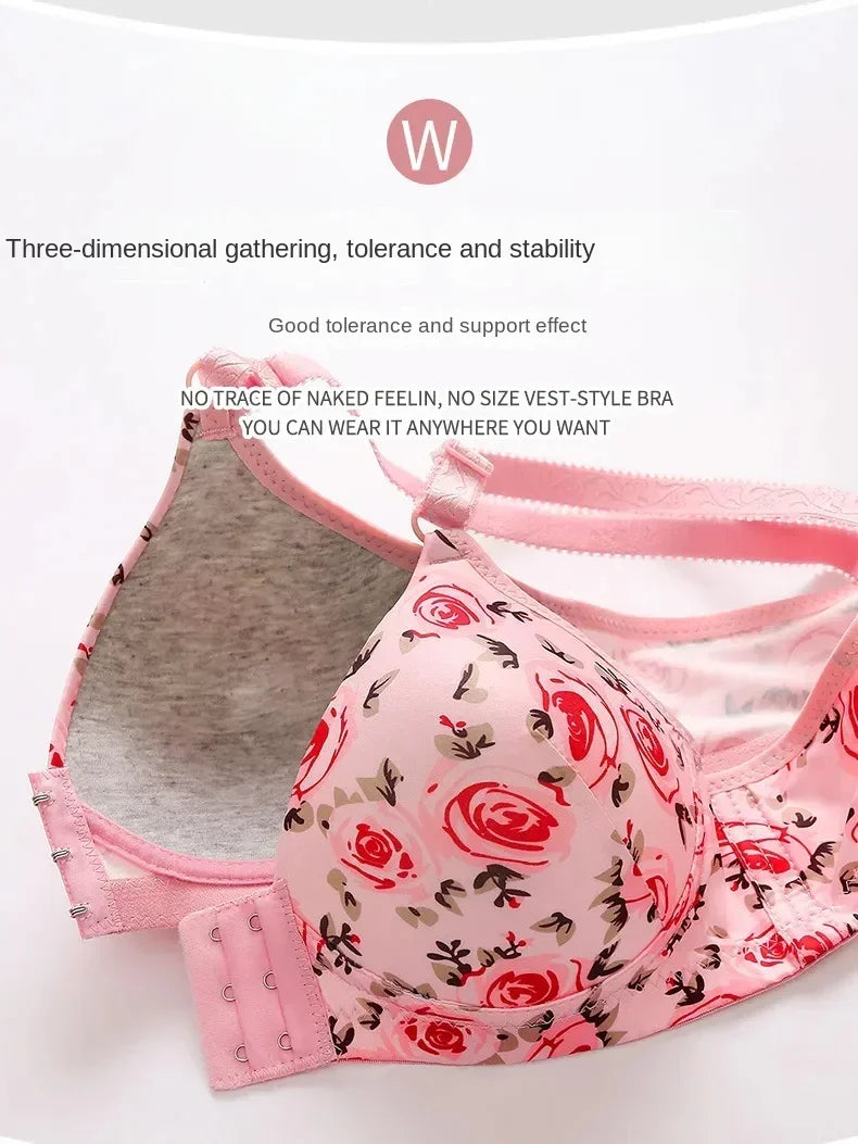 xgnvpy New front button rose print bra without underwire comfort women's push-up adjuster side breast bra cover