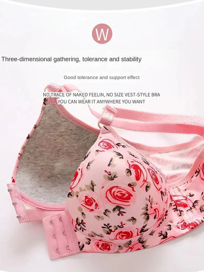 xgnvpy New front button rose print bra without underwire comfort women's push-up adjuster side breast bra cover