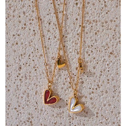 Yhpup Red Enamel White Natural Shell Stainless Steel Heart Pendant Necklace Trendy Exquisite Jewelry Attractive Accessories