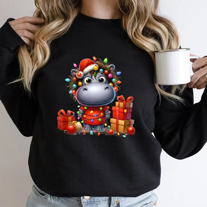 Christmas Santa Hippo Trending Sweatshirts Festive Hippo Lights Design Hoodies Women Cute Animal Lovers Gift Holiday Sweatshirt
