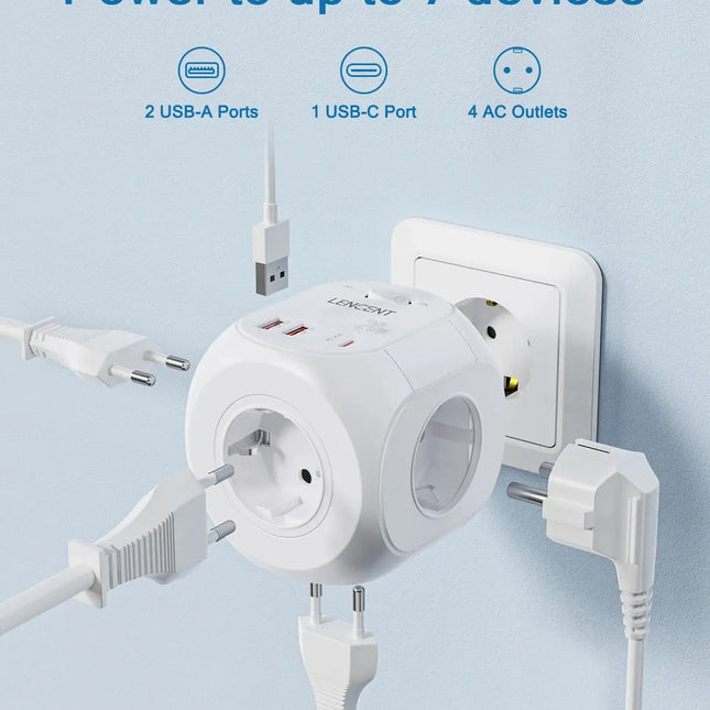 LENCENT EU Plug Wall Socket Extender with 4 AC +QC3.0USBX2 +1 Type C PD20W Fast Charger Adapter 7-in-1 Socket On/Off Switch