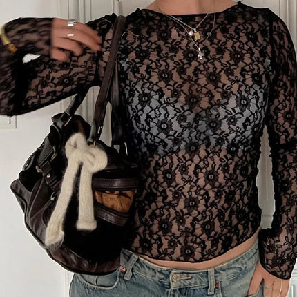 Dulzura Long Sleeves See Through Lace Crop Top Solid Sexy Bodycon T-Shirt For Women Party Club Spring Summer Clothes