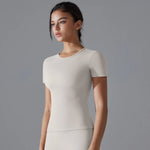 Women Running Sports T Shirt Summer Short Sleeve Round Neck Breathable Stretchy GYM Yoga Slim Fitness Active Top Tee