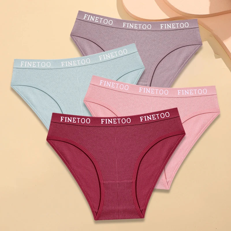 FINETOO 4Pcs Cotton Striped Underwear Women's Panties Letter Belt Briefs Ladies Low Waist Lingerie Solid Breathable Underpants