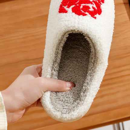 Romantic Rose Women Slippers Valentine's Day Embroidery Fuzzy Love Comfy Flat Bedroom Valentine Gift Winter Home Girls Shoes
