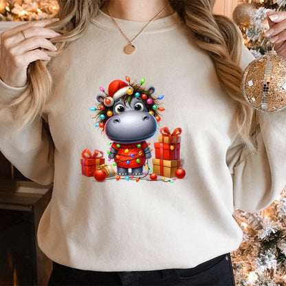Christmas Santa Hippo Trending Sweatshirts Festive Hippo Lights Design Hoodies Women Cute Animal Lovers Gift Holiday Sweatshirt