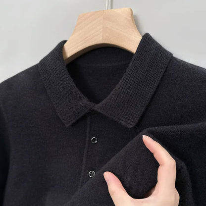 Autumn and Winter New Warm Soft Pullover Men's Business Lapel Knitwear Casual Solid Color Long Sleeve Polo Shirt Office