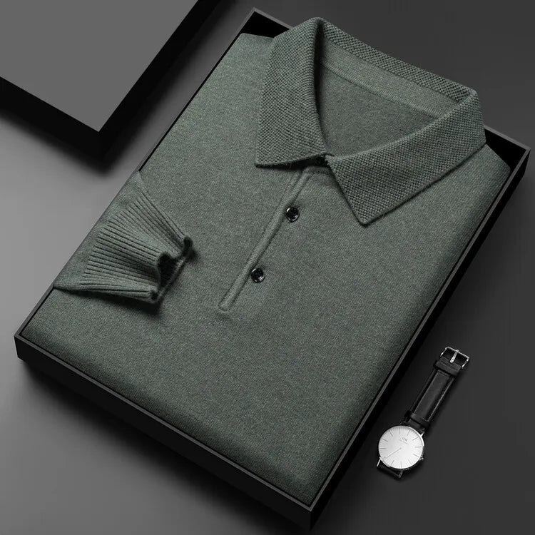 Autumn and Winter New Warm Soft Pullover Men's Business Lapel Knitwear Casual Solid Color Long Sleeve Polo Shirt Office