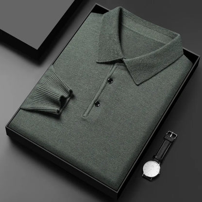 Autumn and Winter New Warm Soft Pullover Men's Business Lapel Knitwear Casual Solid Color Long Sleeve Polo Shirt Office