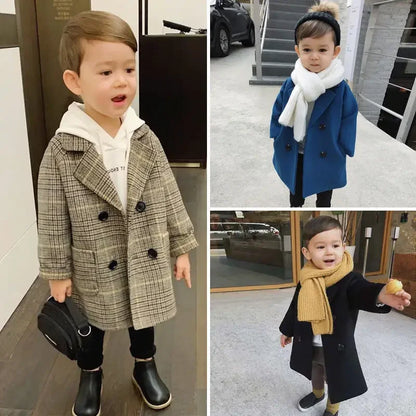 Autumn Winter Boys Fashion Jacket Solid Color Lapel Double-Breasted Long Woollen Overcoat For 2-6 Years Boys Handsome Outwear