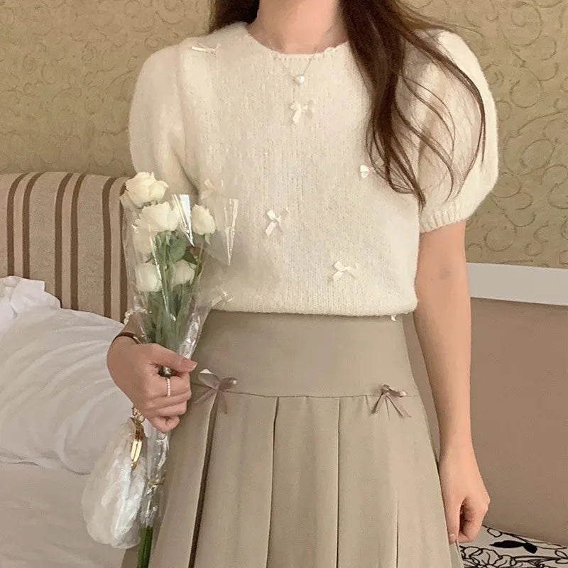 Korean Version Spring/Autumn Round Neck Bow Decoration Sweet and Fashionable Versatile Knitted Short Sleeve Pullover Top