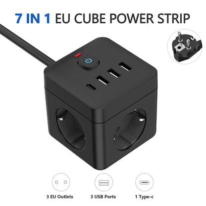 7-in-1 EU Power Strip, Power Strip Surge Protector, 3 AC Outlets 3 USB 1 Type-C, Desktop Charging Station With Overload Protecti