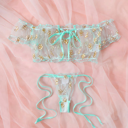 Sexy Fancy Lingerie Set 2 Pieces Transparent Halter Off Shoulder Women's Underwear Beautiful Daisy Print Bra And Panty Sets