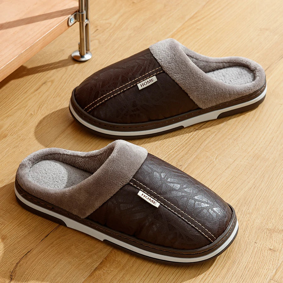 Men's Big Size Winter slippers Indoor PU Leather Home Waterproof Fluffy Casual Slides Men Bedroom Comfy Shoes Houseshoes