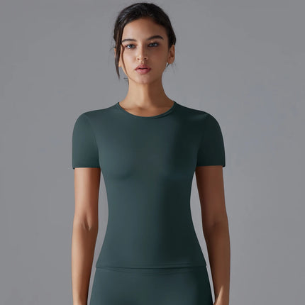 Women Running Sports T Shirt Summer Short Sleeve Round Neck Breathable Stretchy GYM Yoga Slim Fitness Active Top Tee