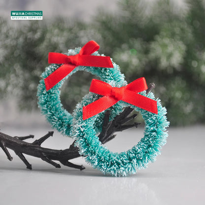 12pcs Christmas Wreath with Bow Xmas Tree Decor Mini Door Garland Hanging Ornaments DIY Dollhouse Pendant for Wedding Noel Party