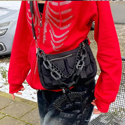 Y2K Rhinestone Skeleton Hoodies Women Gothic Black Zip Up Oversized Sweatshirts Female Retro Harajuku Hooded Jacket Streetwear