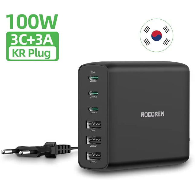 Rocoren 100W USB Charger Type C PD Fast Charging Multiple 6 Ports Desktop Charger Station For iPhone 14 13 Pro Xiaomi POCO