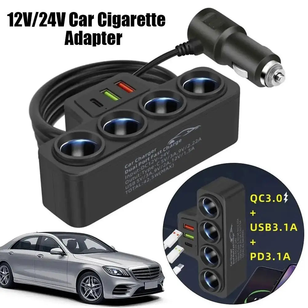 12V/24V Car Cigarette Lighter Adapter New 4-Socket 3.1A Charger Charger USB Car USB+QC3.0+PD3.1A Accessories Port USB 120W