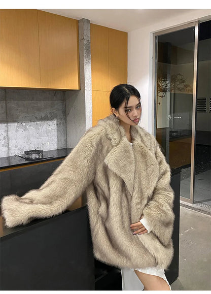 Lautaro Winter Loose Casual Thick Warm Soft Hairy Faux Fur Coat Women Luxury High Quality Furry Fluffy Jacket Korean Fashion