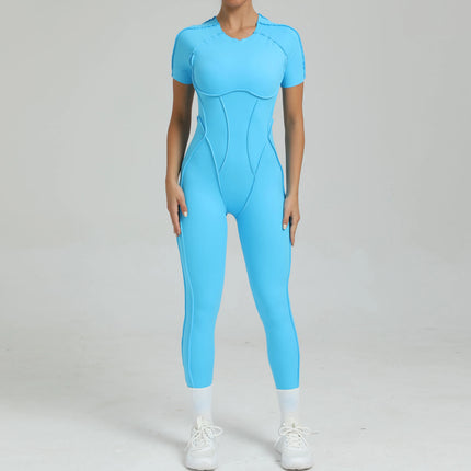 Women's One-Piece Suit Zipper Short Sleeve Gym Push Up Workout Clothes Fitness Short Bodysuit Sportswear Jumpsuits