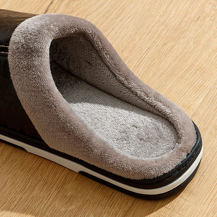 PU Leather Big Sizes Men slippers Indoor Waterproof Fur Flat Men's Winter Home Slipper Cotton Bedroom Houseshoes