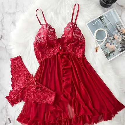 Contrast Lace Ruffle Trim Lingerie Set, Deep V Slip Dress & Thong, Women's Sexy Lingerie & Underwear