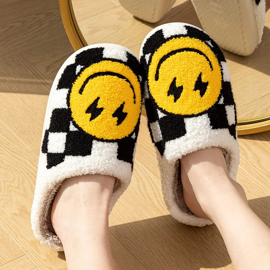 Women's Slippers Winter Warm Indoor Lightning Smile Face Cartoon Funny Soft Sole Non-slip Bedroom Comfy Flat Cotton Houseshoes