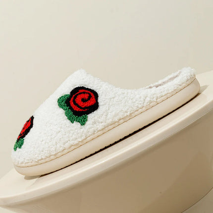 Women's Slippers Valentine's Day Rose Embroidery Fuzzy Romantic Love Comfy Flat Girl Valentine Gift Winter Home Shoes
