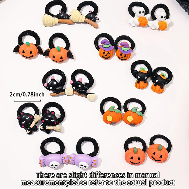 10Pcs Children's Girls' Halloween Hair Ring - Funny Pumpkin and Ghost and Bat Cat Design Suitable for Halloween Gifts for Girls