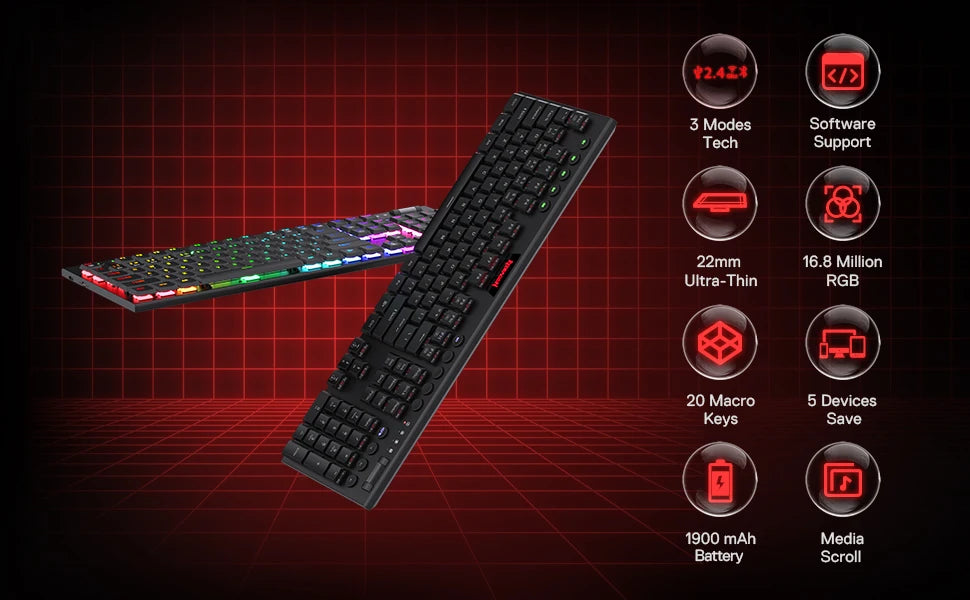 Redragon K618 Horus Wireless RGB Mechanical Keyboard, Bluetooth/2.4Ghz/Wired Low Profile Gaming Keyboards, Brown/Blue Switch