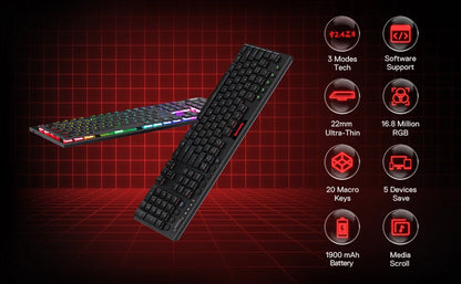 Redragon K618 Horus Wireless RGB Mechanical Keyboard, Bluetooth/2.4Ghz/Wired Low Profile Gaming Keyboards, Brown/Blue Switch