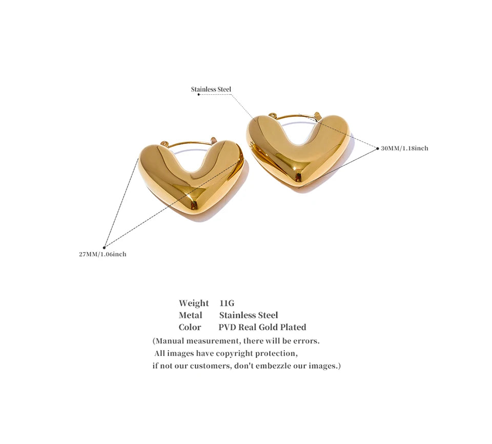 Yhpup Fat Fashion Stainless Steel Heart Chunky Hoop Earrings Charm Metal Texture Rust Proof Versatile Jewelry серьги тренд