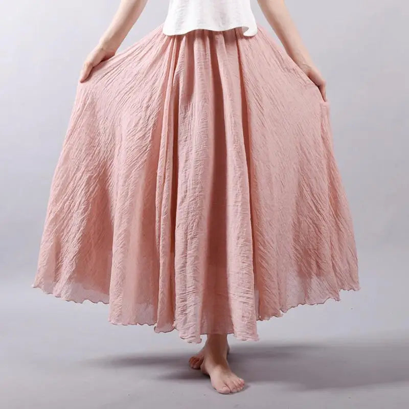Women's Elegant High Waist Linen Maxi Skirt 2023 Summer Ladies Casual Elastic Waist 2 Layers Skirts saia feminina 20 Colors SK53