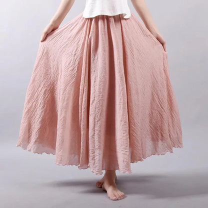 Women's Elegant High Waist Linen Maxi Skirt 2023 Summer Ladies Casual Elastic Waist 2 Layers Skirts saia feminina 20 Colors SK53