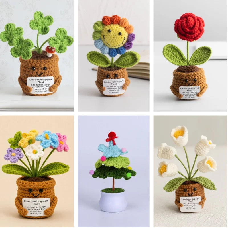 Mini Finished Crochet Roses Sunflowers Potted Emotional Support Stuffed Plants  Mother Valentine Christmas Graduation Gifts