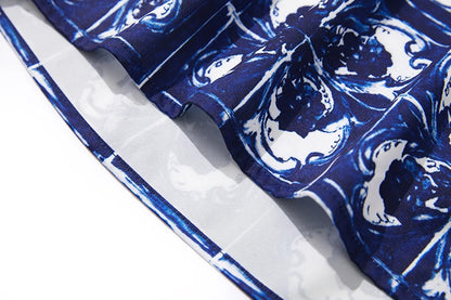 JAMERARY Summer Runway Blue And White Porcelain Two Piece Set Women Flower Print Short Crop Top + Holiday Beach Maxi Skirt Suits