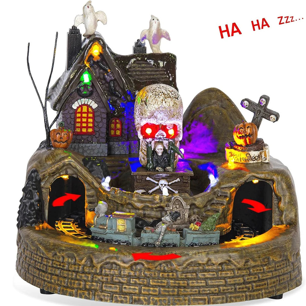 Halloween Holiday Village Train Decor with LED Lights Music Spooky Ghost & Skeleton Figurines, Festive Haunted House Decoration