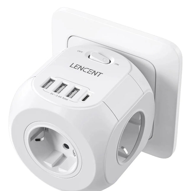 LENCENT EU Plug Wall Socket Extender with 4 AC Outlets+3 USB +1 Type C 5V/3A Charger Adapter 8-in-1 Socket On/Off Switch