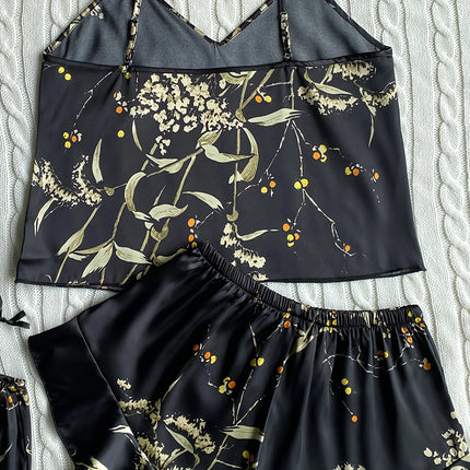 Elegant Floral Print Cami Tops   Ruffle Hem Shorts Pajama Set  Women's Sleepwear   Loungewear