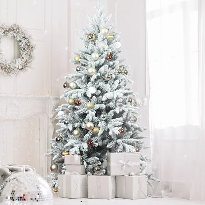 5FT/7FT Artificial Christmas Tree Holiday Decoration Flocked Xmas Tree with Sturdy Metal Stand Auto-Spread/Close up