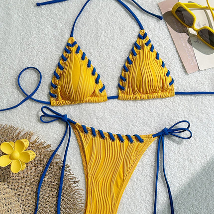 2025 Halter Wrinkled Weave Bikini Women Swimwear Female Swimsuit Two Pieces Bikini Set Brazilian Bathing Suit Swim Beach Wear