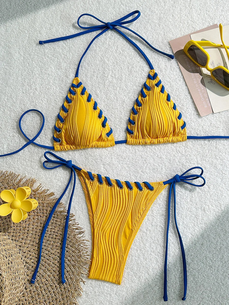2025 Halter Wrinkled Weave Bikini Women Swimwear Female Swimsuit Two Pieces Bikini Set Brazilian Bathing Suit Swim Beach Wear