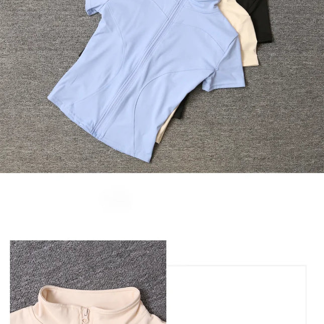 Summer High Quality Waist Slimming Training Tops Women's Quick-drying Tight Stand Collar Full Zipper Short Sleeves Yoga shirts