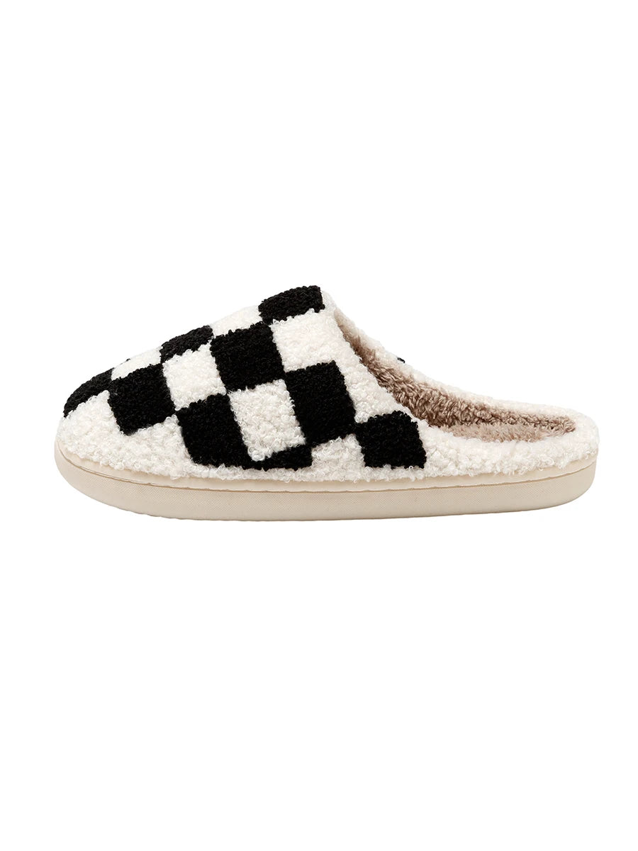 New Fuzzy Slippers Fashion Checker Indoor Embroidery Houseshoes Cozy Woman Winter Fluffy House Retro Checkered Print Shoes