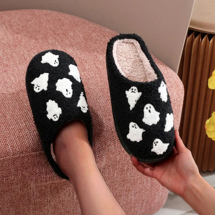 Halloween Ghost Pattern Black Cotton Slippers Non-slip Thick Sole Lightweight stuffed Slippers Holiday Gift
