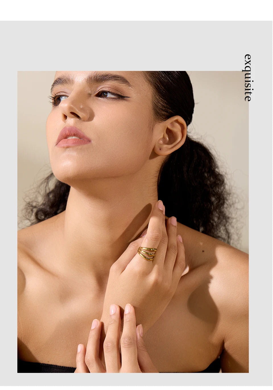 Yhpup Stainless Steel Geometric Hollow Layered Wide Ring Metal Texture Waterproof Daily Simple Stylish Golden Jewelry for Women